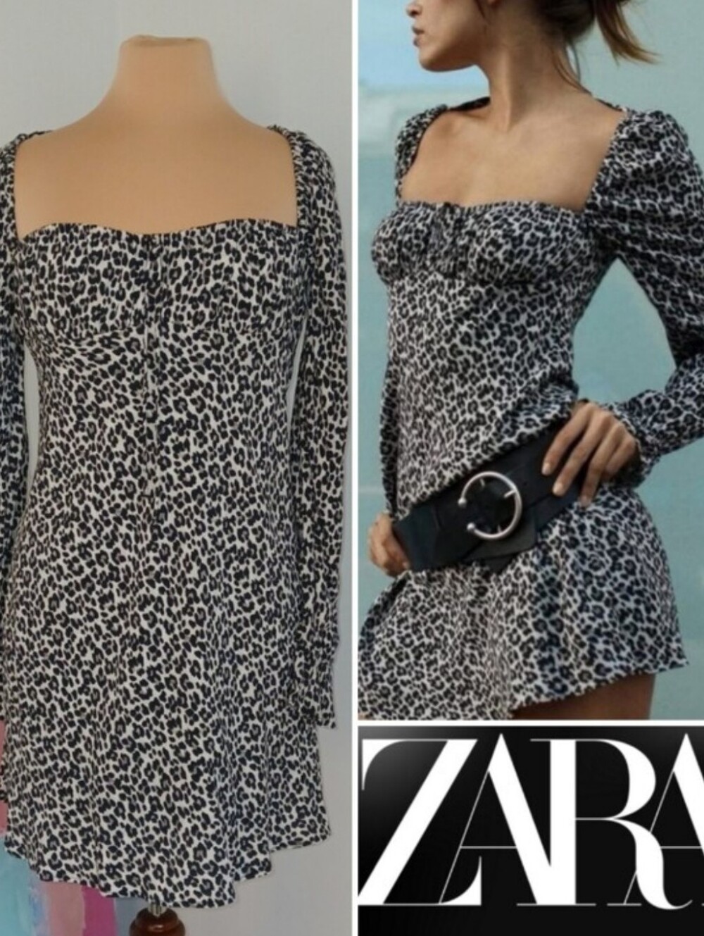 Zara Leopard Print Viscose Bishop Sleeve Dress, Black & White Med 6/8